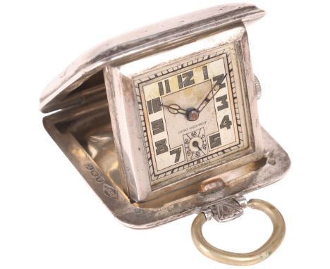 An Art Deco silver travelling purse watch, by Sapho, silvered dial with Arabic numerals, blued steel cathedral hands, 15 jewe