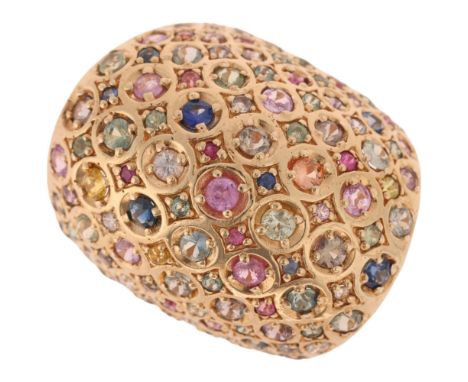 A large 9ct gold gem set bombe ring, gemstones include peridot sapphire ruby garnet etc, setting height 29.6mm, size approx O