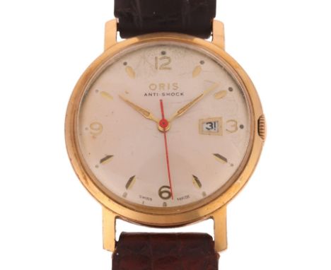ORIS - a gold plated stainless steel mechanical calendar wristwatch, circa 1960s, silvered dial with gilt quarterly Arabic nu