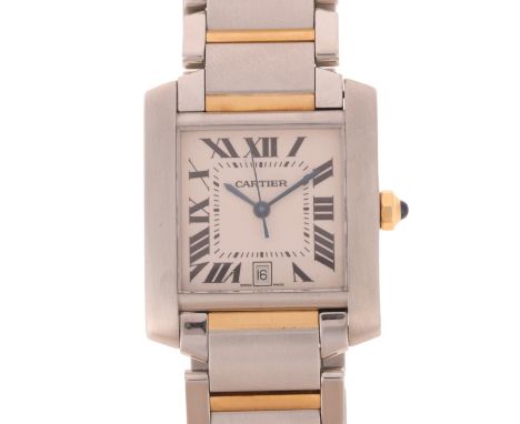 CARTIER - a bi-metal Tank Francaise automatic calendar bracelet watch, ref. 2302, silvered engine turned sunburst dial with b