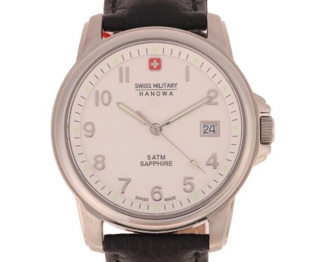 HANOWA - a stainless steel Swiss military quartz calendar wristwatch, ref. 6-4231/6-5231, silvered dial with applied Arabic n