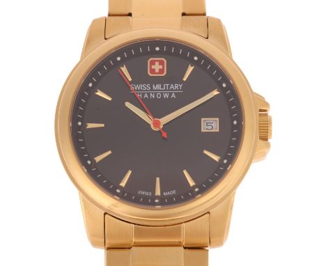 HANOWA - a gold plated stainless steel Swiss military quartz calendar bracelet watch, ref. 06-4230.7/06-5230.7, black dial wi