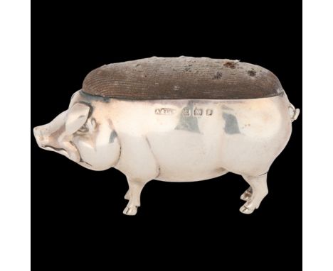 An Edwardian novelty silver pig pin cushion, Adie &amp; Lovekin Ltd, Birmingham 1905, 8cm . Condition Report:Cushion has a fe