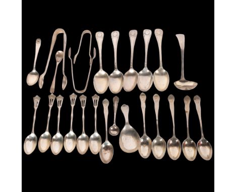 Various silver flatware, including sauce ladle, teaspoons, sugar tongs, etc, 12.4oz total . Condition Report:Lot sold as seen