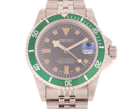 SEIKO - a custom stainless steel GMT-Master automatic calendar bracelet watch, black dial with luminous block and baton hour 