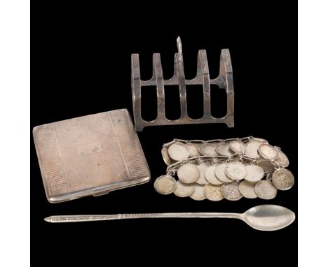 Various silver, including powder compact, 5-bar toast rack, coin bracelet, etc, 7.1oz gross . Condition Report:Lot sold as se
