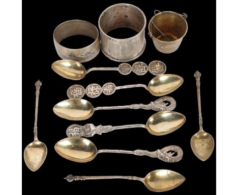 Various silver, including niello napkin ring, Chinese teaspoons, tea strainer, etc, 5.5oz total . Condition Report:Lot sold a