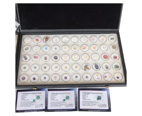 2 cases of gemstone samples, including pink spinel, chrysoberyl, thomsonite, green garnets, sapphires, star ruby, emeralds, a