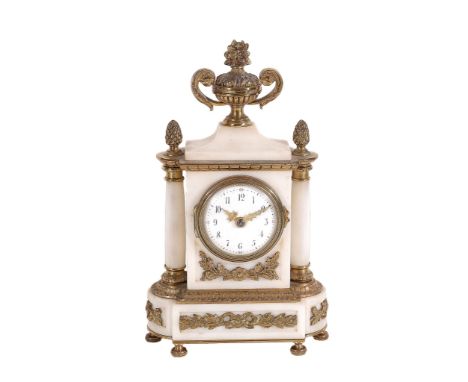  A white marble and gilt metal mounted mantel timepiece,   late 19th century, of small proportion, with pocketwatch type move