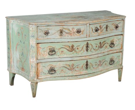  A Continental painted commode  , 19th century, of serpentine outline, 84cm high, 143cm wide, 67cm deep 