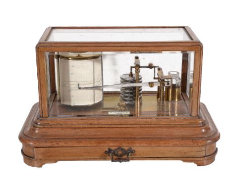  A walnut cased barograph, J. Hicks, London,   circa 1900, the mechanism with seven segment aneroid chamber connected via a b