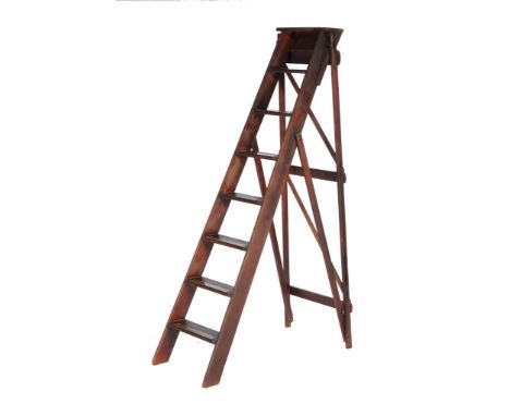 A stained wood ladder in Victorian style  , each step with a brass tread, 183cm high 