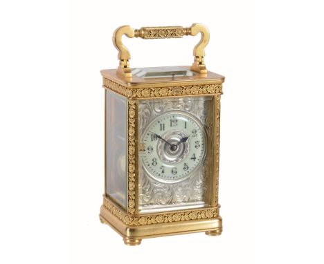  A French gilt brass carriage clock  , early 20th century, the eight-day gong striking movement with push-button repeat regul
