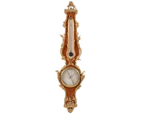  A French walnut parquetry and gilt metal mounted wheel barometer  , RADIGURT  &  FILS, Opticien, the thermoter with silvered