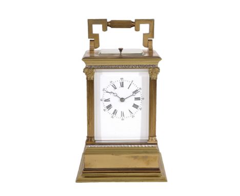  A gilt brass carriage clock with push button repeat, unsigned,   early 20th century, the French eight-day gong striking move
