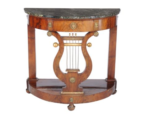  A Louis Phillipe mahogany, gilt metal and marble mounted semi elliptical console table,   circa 1840, the serpentine marble 