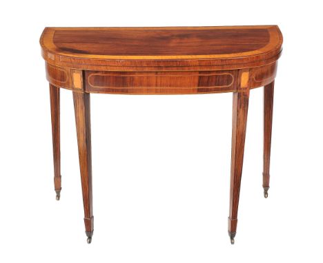 Ω A George III rosewood and satinwood banded card table , circa 1790, with baise lined playing surface, the frieze and square