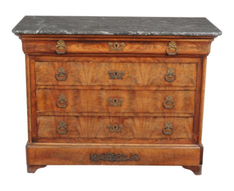  A Louis Phillipe walnut and marble topped commode  , circa 1840, 98cm high, 130cm wide, 60cm deep 