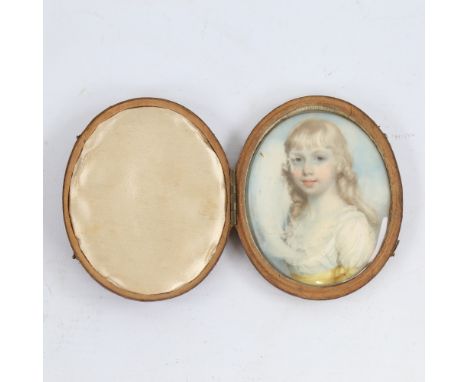 19th century miniature painted portrait on ivory, depicting a young girl wearing a lace-trimmed dress, unsigned, in original 