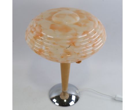 SCANDI-FRANCAIS LUMIERE ET GLASS, table lamp with 1930s' English shade in marbled peach and white glass, on wooden stem, heig