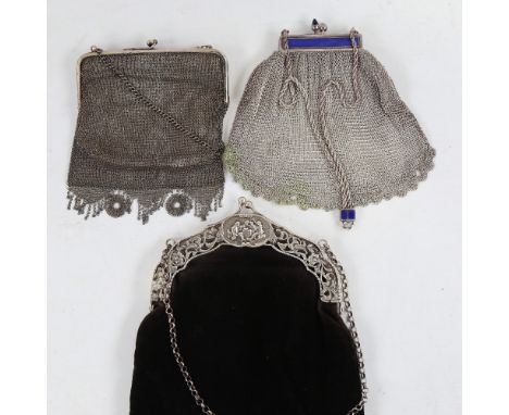 A French evening bag with cast-silver clasp, an Art Deco unmarked white metal mesh evening purse with blue enamel bands, and 