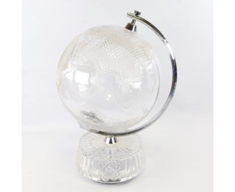 WATERFORD CRYSTAL - a large desktop globe with hand-cut design, chrome plate mount on drum-shaped cut-glass base, overall hei