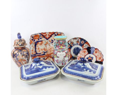 A Chinese Canton enamel vase with painted enamel panels and text, height 24cm, and 4 pieces of Japanese porcelain Canton vase