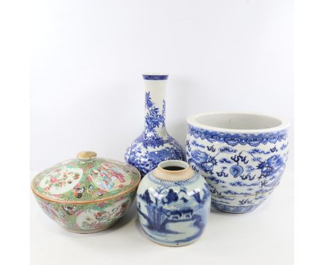 A group of Chinese porcelain items, including a Canton enamel bowl and cover, diameter 24cm, A/F 