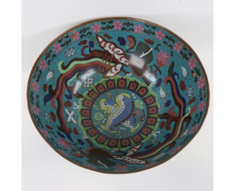 A large Chinese cloisonne enamel table centre bowl, 4 character mark to base, diameter 40cm, height 18cm Good condition