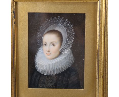 A miniature painted portrait of an Elizabethan woman wearing a ruff and lace cap, probably painted on ivory, unsigned, in mod