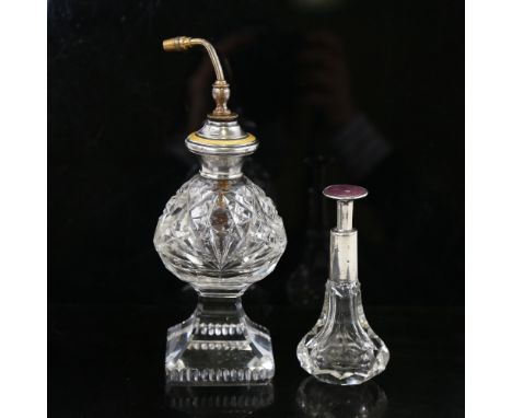 2 cut-glass silver and enamel-topped atomiser perfume bottles, largest overall height 17cmLargest bottle stamped sterling sil