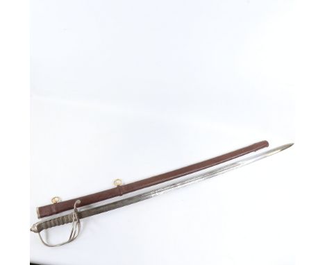 A Royal Artillery dress sword, etched presentation blade "presented to WO1 RSM R Pritchard 1984", nickel basket hilt with lea