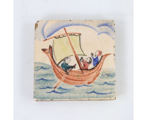 Bernard Leach (1887 - 1979), Studio pottery tile with hand painted design depicting figures in a boat, St Ives roundel stamps