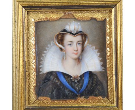 A miniature painted portrait of a woman wearing a large lace collar and bonnet, probably painted on ivory, in gilt-leather mo