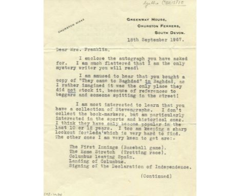 'Collecting things is a great bond, isn't it?!' CHRISTIE AGATHA: (1890-1976) English Crime Novelist. An interesting T.L.S., A