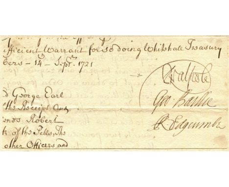 WALPOLE ROBERT: (1676-1745) British Prime Minister 1721-42. Fine ink signature ('R Walpole') on a small oblong 8vo piece evid