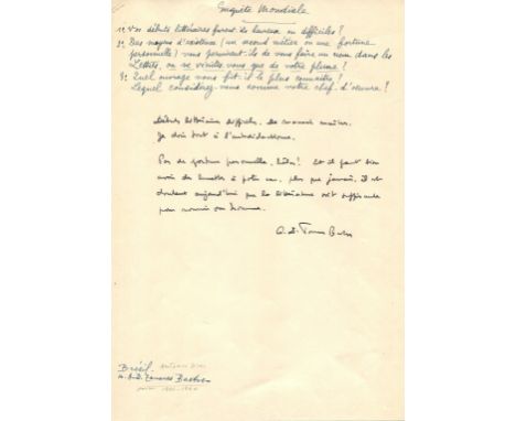 TAVARES-BASTOS ANTONIO DIAS: (1900-1960) Brazilian poet. Manuscript D.S., A. D. Tavares Bastos, one page, 4to, n.p., n.d., in