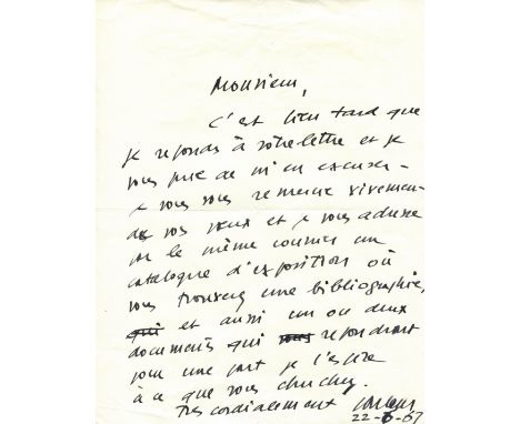 SOULAGES PIERRE: (1919- ) French Painter and Engraver. A.L.S., `Soulages´, one page, 4to, n.p., 22nd June 1967, in French. In