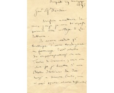 VERDI GIUSEPPE: (1813-1901) Italian Composer. A very fine A.L.S., G. Verdi, two pages, 8vo, Busseto, 29th May 1893, to Signor
