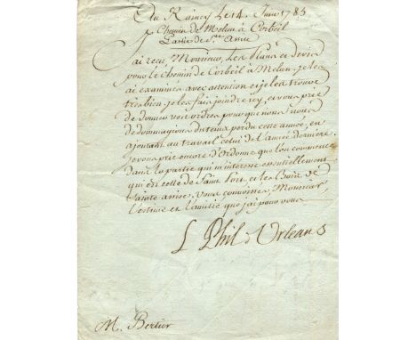 LOUIS PHILIPPE I: (1725-1785) Duke of Orleans. French Prince, known as le Gros. L.S., L Phil d'Orleans, one page, small 4to, 