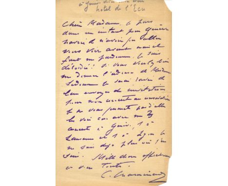 CHAMINADE CECILE: (1857-1944) French Composer &amp; Pianist. A.L.S., C. Chaminade, one page, 8vo, Geneva, n.d., to a lady, in