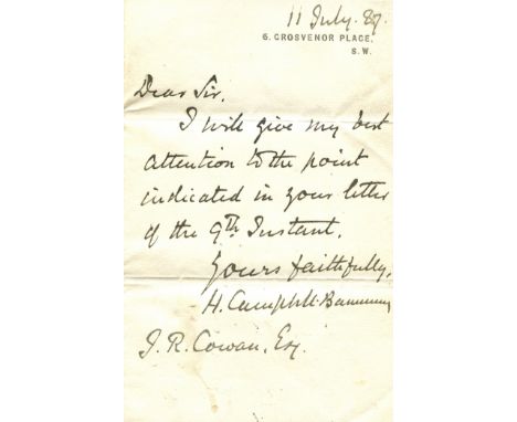 CAMPBELL-BANNERMAN HENRY: (1836-1908) British Prime Minister 1905-08. A.L.S., H. Campbell-Bannerman, one page, 8vo, Grosvenor