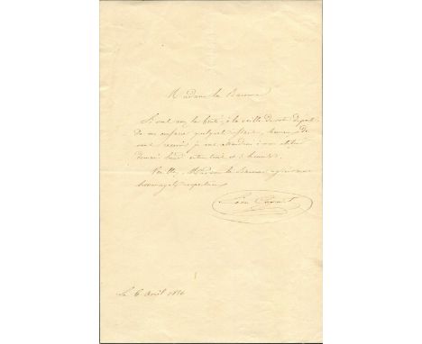 COGNIET LEON: (1794-1880) French Painter. A.L.S., Leon Cogniet, one page, 8vo, n.p., 6th April 1836, to a Baroness, in French