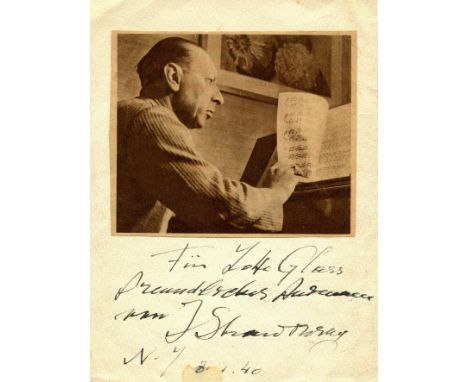 STRAVINSKY IGOR: (1882-1971) Russian Composer. Dark fountain pen ink signature (‘I Stravinsky’) and inscription, in German, o