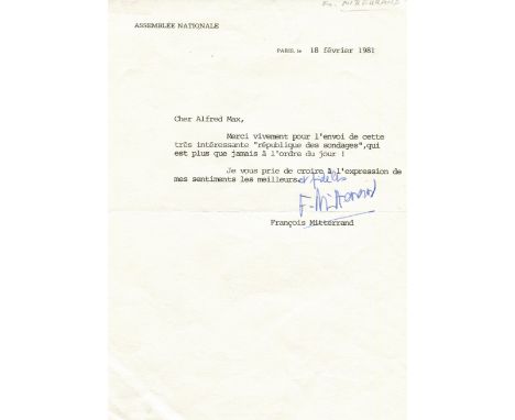 MITTERAND FRANCOIS: (1916-1996) President of France 1981-1995. T.L.S., `F. Mitterand´, one page, 4to, Paris, 18th February 19