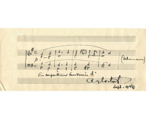 CORTOT ALFRED: (1877-1962) Franco-Swiss Pianist and Conductor. A.M.Q.S., Af. Cortot, one page (manuscript paper), slim oblong