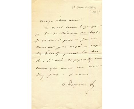 DUMAS ALEXANDRE: Fils (1824-1895) French Author and Dramatist. A.L.S. `A. Dumas´, one page, 8vo, n.p., [Paris], n.d., on his 