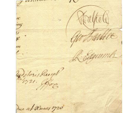 WALPOLE ROBERT: (1676-1745) British Prime Minister 1721-42. Ink signature ('R Walpole') on a small 8vo fragment evidently cli