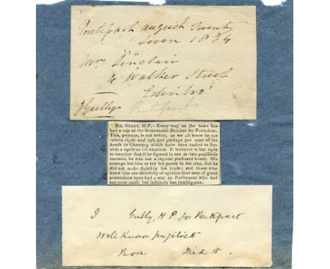 GULLY JOHN: (1783-1863) English prize-fighting boxer, sportsman and politician. Signed Free Front envelope panel, addressed i