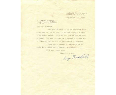 PROKOFIEV SERGEI: (1891-1953) Russian Composer. T.L.S., Serge Prokofieff, one page, 4to, Moscow, 24th September 1936, to Irvi